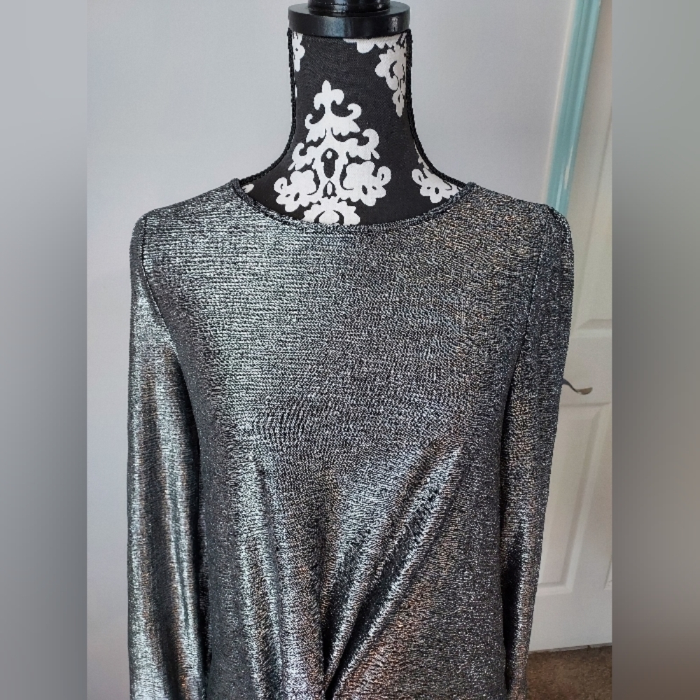 INC Metallic Top Womens size S Silver Round Neck Long Sleeve Twisted Hem - Picture 5 of 16